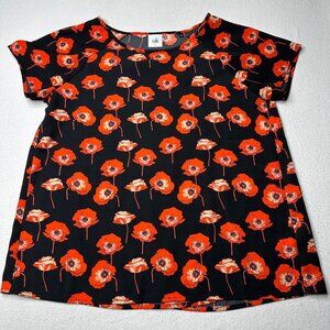 Cabi Womens Short Sleeve Black Orange FLoral Blouse Size S